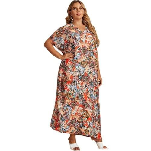Print Summer Dress Loose Plus Size V-neck Bohemian Long Dress Loose Batwing Short Sleeve Elegant Maxi Party Dresses TJR8071