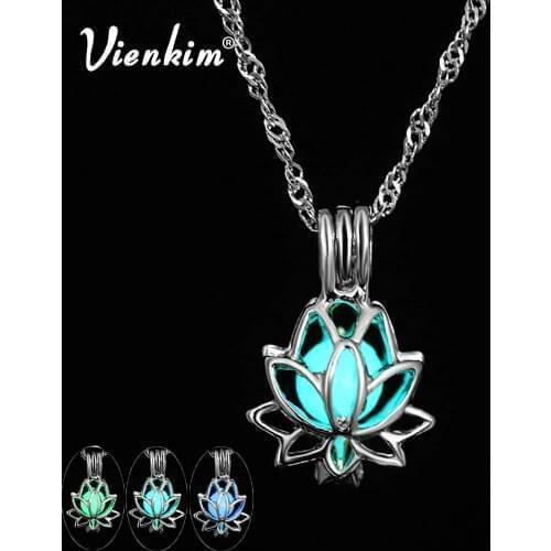 Vienkim Fashion Buddhist Lotus Luminous Pendant 3 Colors Charm Pendant Glowing Stone Dark Statement Necklace Party Jewelry Yoga