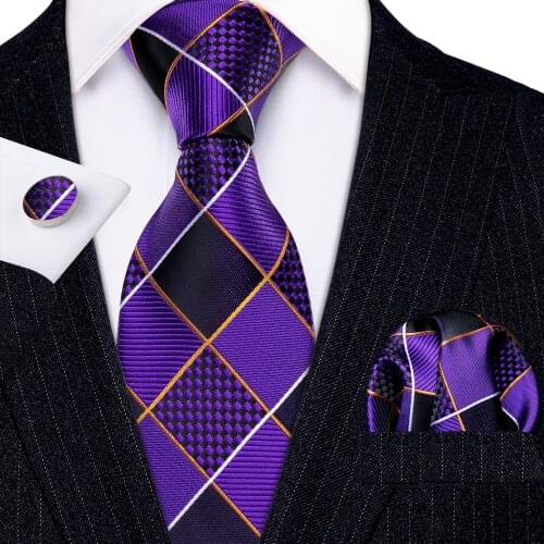 Fashion Luxury Purple Plaid 100% Silk Ties Gifts For Men Suit Wedding Barry.Wang NeckTies Hanky Sets Groom Business LN-5287