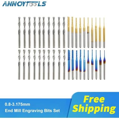 End Mill Bits Set 3.175mm 1/8" Shank CNC Router Bits Cutting Milling Tool Engraving Cutter Flat Nose Ball Nose End Mill