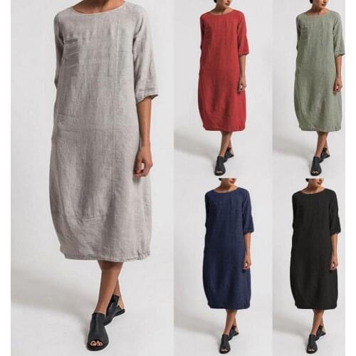 New summer dresses Plus Size 4xl Vintage Summer Women Solid Color O Neck Half Sleeve Linen Soft Loose Midi Dress length vestidos