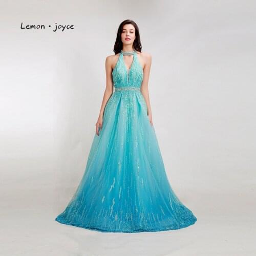 Lemon joyce Light Blue Formal Evening Dress 2020 Sexy High Neck Sleeveless Beading Backless Party Gowns Plus Size