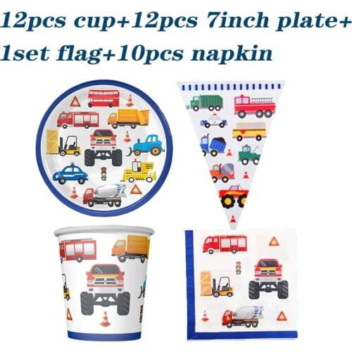 Disposable Tableware Set Plate Cup Napkin Tablecloth Cartoon Car Theme Birthday Party Decorations Childrens Day Kids Supplies