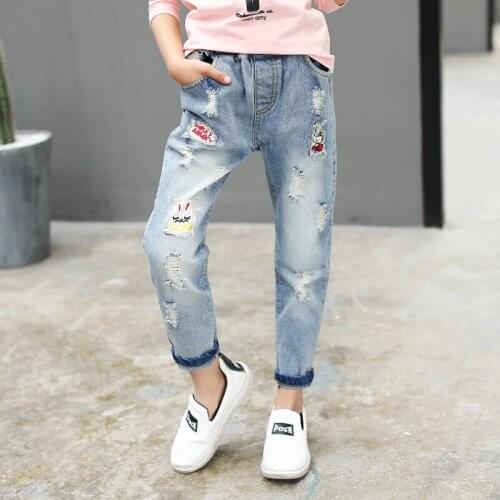 Retail 2020 New Spring Autumn Cotton Kids Pants Big Girls Casual Jeans Blue Color Female Children Embroidered Hole Trousers