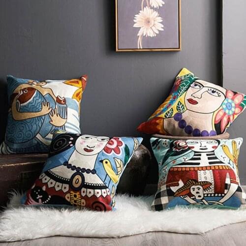 Nordic Wool Embroidery Myth Character Cushion Cover Abstract Cotton Embroidery Pillow Cover European Classical Sofa Pillowcase