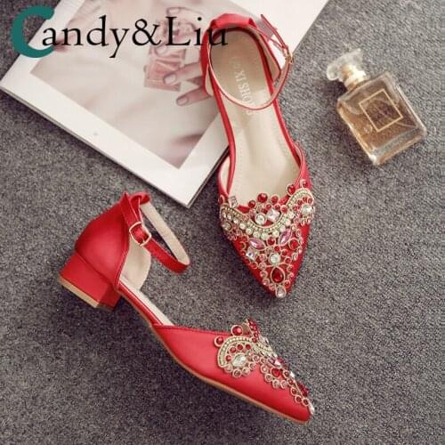 Rhinestone Wedding Shoes Womens Chunky Heel Shallow Pointed A- line Buckle Sandals Red Satin Bridal Shoes Small Size