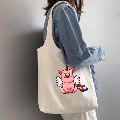 Cute Pig Printed Bag Leisure Large Capacity Shopping Bag Canvas Harajuku Kawaii Shopper Bags Foldable Black Womens Shoulder Bags
