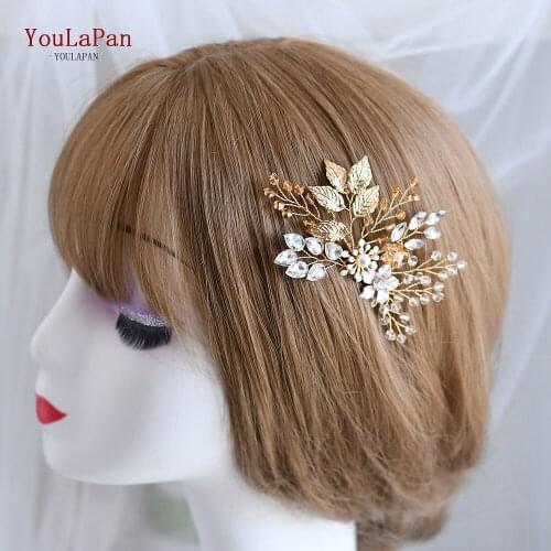 TOPQUEEN HP67 Flower Hair Jewelry Golden Leaf Hair Clips Pearl Beaded Wedding Hair Accessories Bridal Hair Comb Wholesale