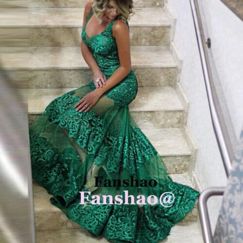 Appliques Mermaid Evening Dresses Illusion Tulle Spaghetti Strap Dubai Saudi Arabic Robe De Soiree Customize