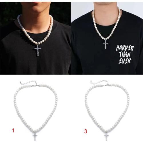 Vintage Pearl Necklace Crystal Cross Rhinestone Pendant Simply Pearl Beads Cross Chokers Necklaces Women Fashion Jewelry