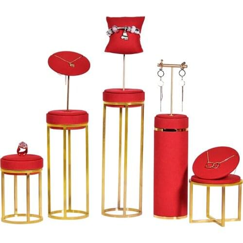 Jewelry and Gold Shop Window Display Props Jewelry Rack Red Microfiber with Gold Metal Jewelry Display Rack Gold Display Rack