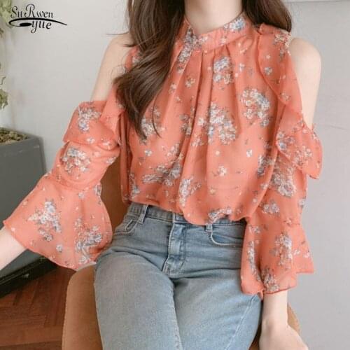 2021 Summer Fashion Off Shoulder Tops Women Chiffon Blouse Elegant Print Loose Office Lady Ruffle Tops Blusas Mujer De Moda 9931