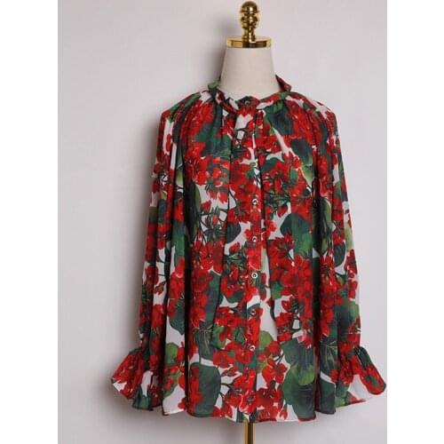 2020 Spring summer Fashion womens floral print bowknot chiffon shirts high quality elegant loose long sleeves Shirt B821