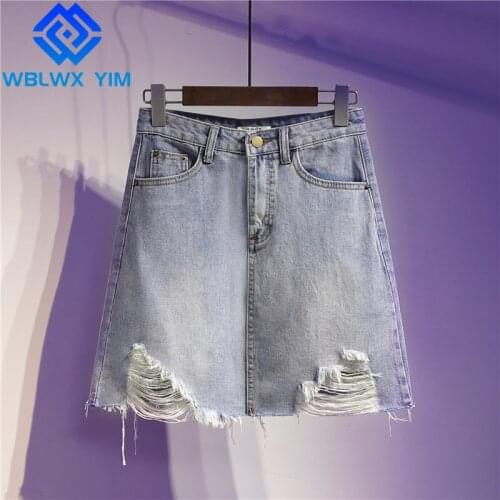 Summer Women Plus size 5XL Denim Skirt Fashion Hole High waist Mid-length Jeans Skirts Womens High quality Package Hip Skirts