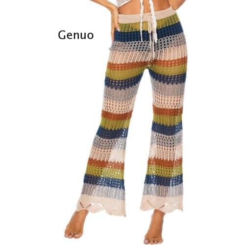 Women Summer Beach Knitted Hollow Out Pants See Through Crochet Stright Pant Sexy Hollow Out Fishnet Wide Leg Trousers