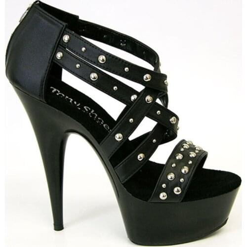 Women 15 cm heel height, riveted vamp, crossed sexy sandals, dancing shoes