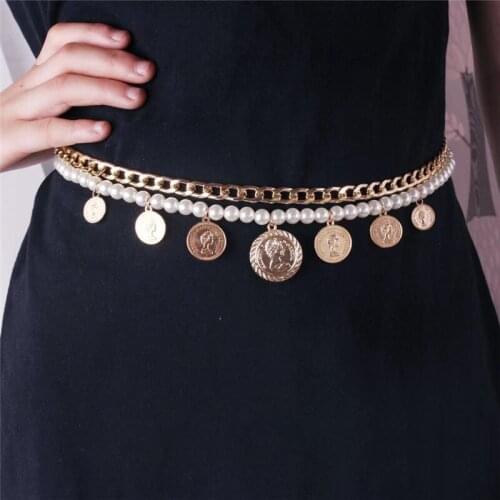 Imitation pearl womens metal waist chain belt bead body chain pendant sexy Necklace body jewelry womens belt tassel Bohemia