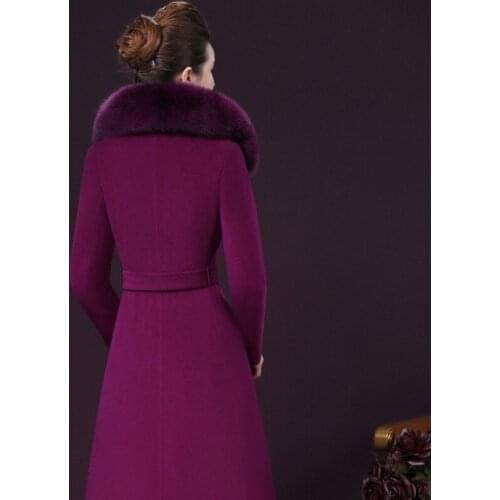 New Warm Thick Winter Plus Size 4XL Womens Woolen Coat Faux Fox Fur Collar Jacket Women Long Wool Coats Female Sashes Outerwear