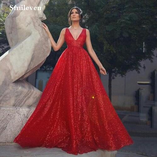 Smileven A Line Red Sequins Evening Dress Sexy Deep V Neck Formal Dress Party Gown robe de soiree Mermaid Prom Party Dress 2020