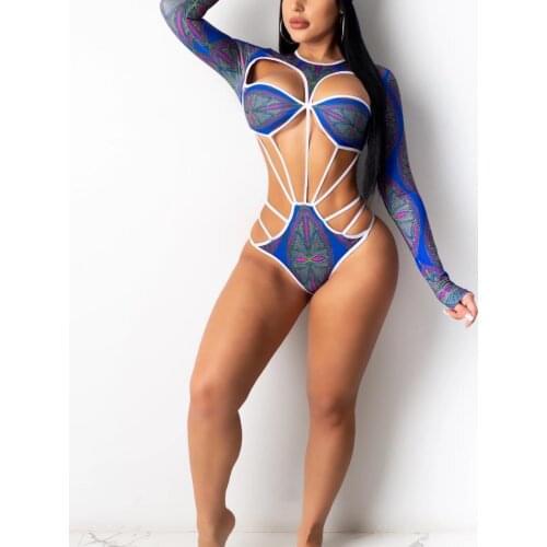 2021 Sexy Women Long Sleeve Swimsuit Hollow Out Printed Swimwear Ladies Beach Monokini Swimwear Summer Bikini Bodysuit