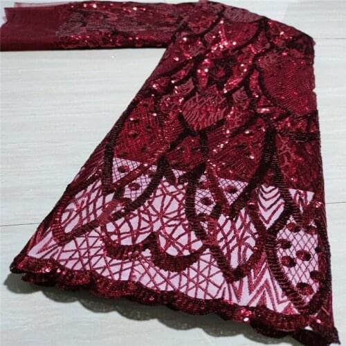2021 red wine Luxury Nigerian Mesh Tulle Lace Fabric High Quality Sequins Lace Fabrics French African Net Lace for Wedding Dress