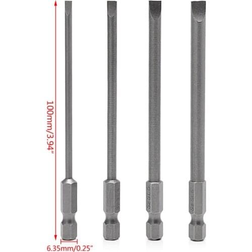 4Pcs 100mm Slotted Screwdriver Bit 3mm-6mm S2 Magnetic Flat Head 1/4" Hex Shank A5YD