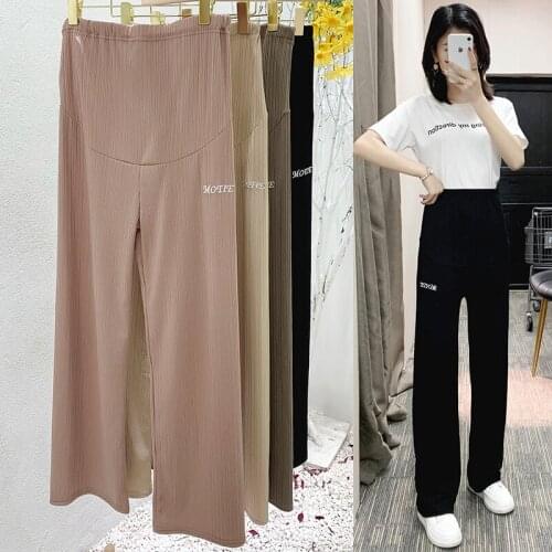 6061 Spring Summer Thin Maternity Full Long Pants Wide Leg Loose Straight Pants for Pregnant Women Elastic Waist Belly Pregnancy