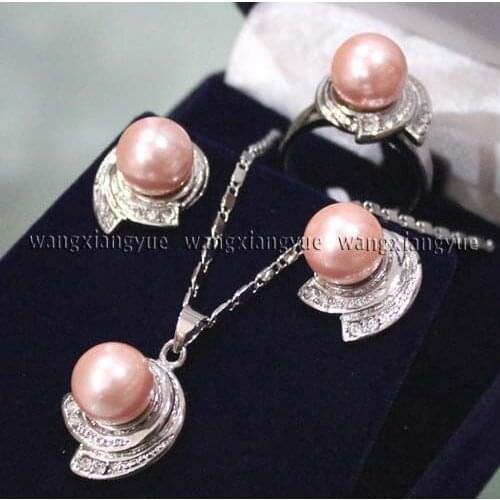 Free Shipping 10MM Pink South sea Shell Pearl Earrings Ring & Necklace Pendant Set AAA style Fine Noble real Natural