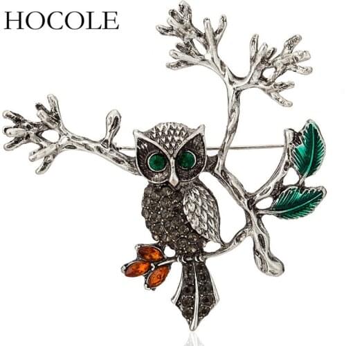 HOCOLE New Arrive Large Owl in Tree Vintage Brooches Pin Antique Color Crystal Bouquet Pin Wedding Broach Scarf Clips Jewellery