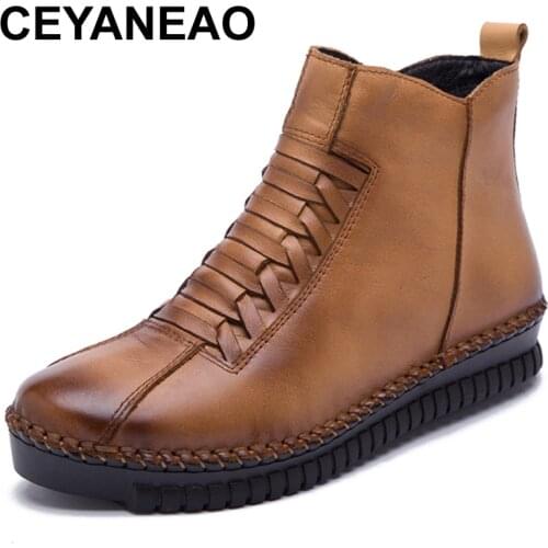 CEYANEAO Plus Size 41-43 Genuine Leather Winter Ankle Boots Women Shoes Handmade Plush Flat Heel Shoes Women Snow Boots E1218