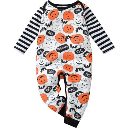 Autumn Halloween Infant Baby Girls Boys Jumpsuit Pumpkin Stripes Long Sleeves Romper Buttons Clothes 0-24Months