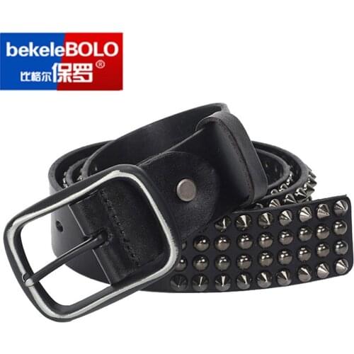 Designer Brand dress Belt Men Rivet Real Leather Pin Belt Male Black Rock Genuine Leather Cowhide Luxury Punk Belt Jeans