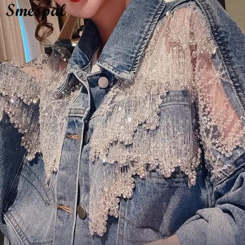 Design Coat Women Autumn Fashion Jean Jacket Chic Decorated with Shiny Sequins Details