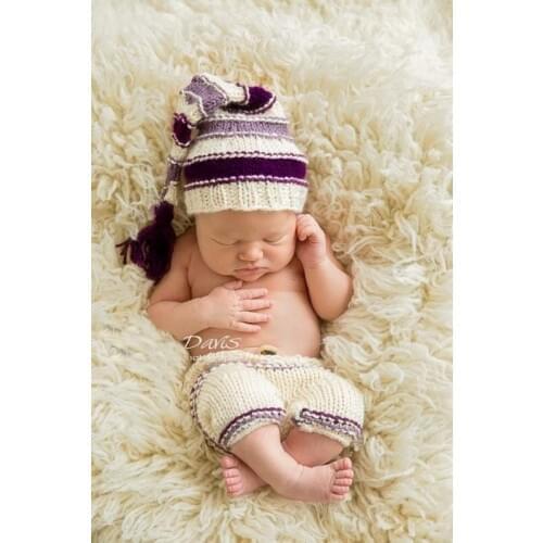 Newborn newborn photography props knitting patterns crochet outfit purple knitting beanie +pants baby shower gift 0-1M or 3-4M