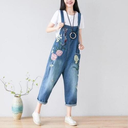 New Retro Holes Jeans Large Size Loose Embroidery Literary Style Overalls Ladies Casual Loose Pocket Vintage Overalls