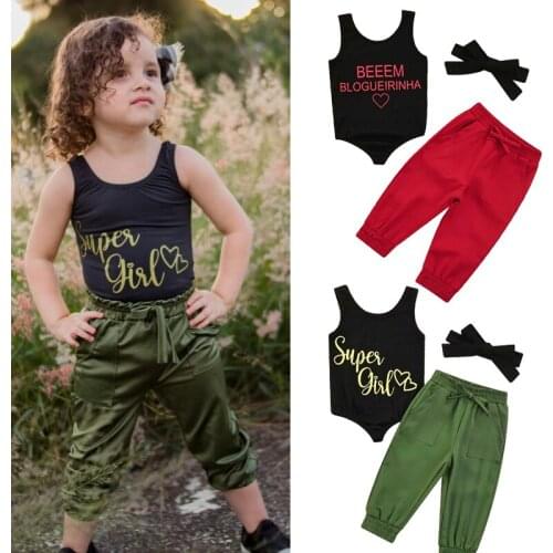 FOCUSNORM 3pcs Summer Fashion Kids Girls Clothes Sets 1-5Y Letter Printed Sleeveless Romper Tops+Elastic Solid Pants