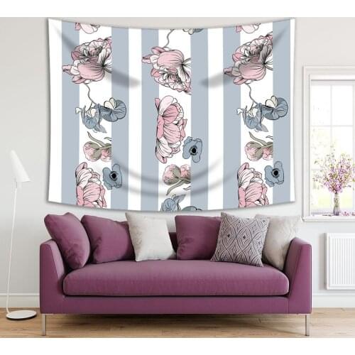 Tapestry Peony Flowers Blooms on Striped Background Floral Elegant Artwork Printed Pink Gray