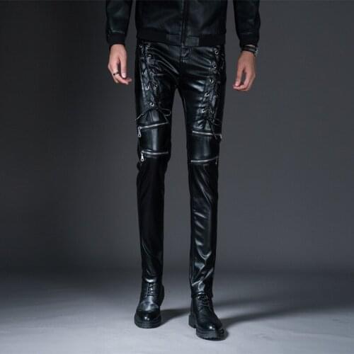 2021 Personalized Mens Clothing Stitching Leather Pants Teen Trend Multi-Zipper PU Leather Slim Fit Skinny Pants