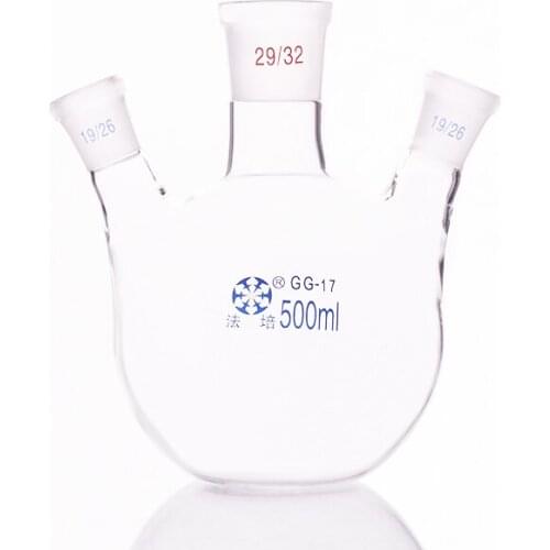 Three-necked flask oblique shape,with three necks standard grinding mouth 500ml 19/26+29/32+19/26,Three-necked flat bottom flask