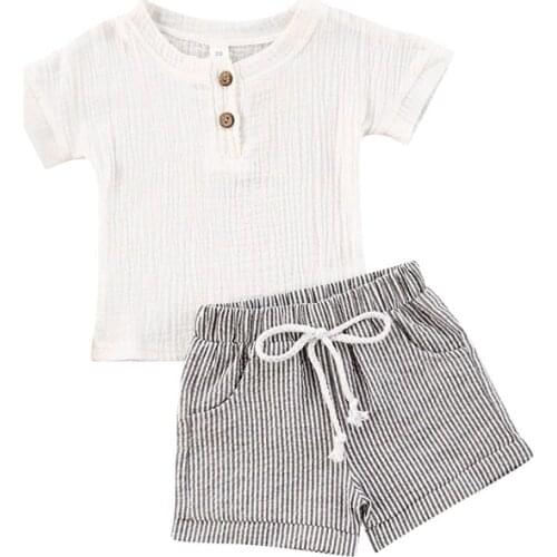 Lioraitiin 0-3Years Toddler Baby Girl Clothing Set Short Sleeve White Cotton Top Shirt Striped Printed Shorts 2Pcs Outfit Set
