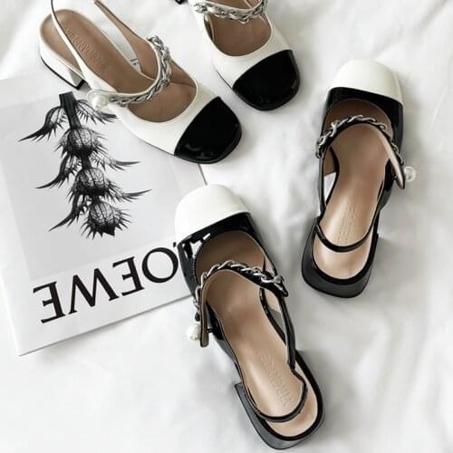 Paint mid-heel retro empty pearl topless sandals 2021 new Fairy Style chunky heels Mary Jane single shoes free shipping