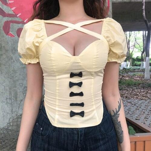 Fashion Womens Cute Puff Sleeve T-shirt Solid Color Bow Backless Bandage Tops Shirts