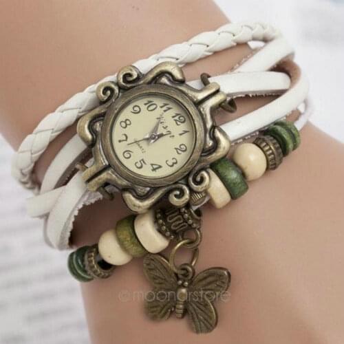 Fashion Women Wrist Watch Weave Braided Quartz Butterfly PU Leather Bracelet Beads Round Women Students Bracelet Watches