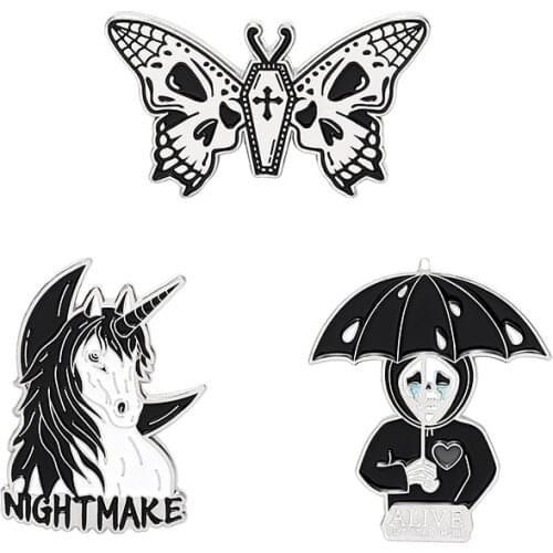 Cartoon Horse Umbrella Skeleton Butterfly Brooches Nightmare Enamel Pins Bag Clothes Gothic Badge Jewelry Gift for Friends Kids