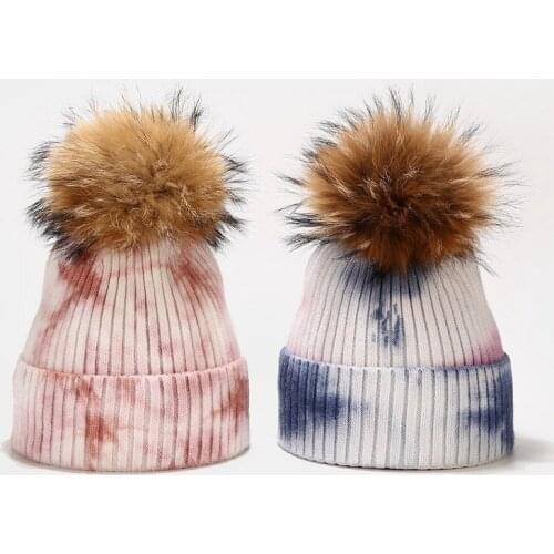 New Tie-dyed Raccoon Fur Ball Knitted Hat Womens Autumn and Winter Fur Ball Bucket Hat Outdoor Windproof Core-spun Yarn Hat