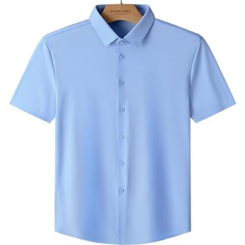 Anti-wrinkle Pure Color Striped Shirt Business Casual Mens Button Up Shirt Short Sleeve Summer Mens Fashion Clothing Trends