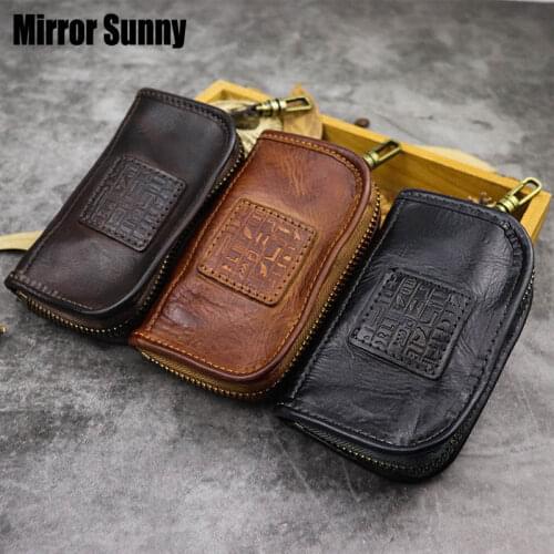 Original Handmade Vintage Large Capacity Key Pack Multi Functional Washed Leather Door & Car Key Wallets Drivers License Bag