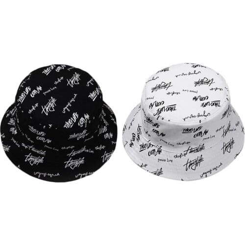 Women Men Reversible Cotton Bucket Hat Harajuku Letters Graffiti Fisherman Cap A2UA