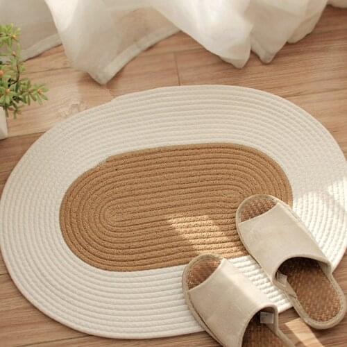 Hand-Woven Jute Floor Mat Door Mat Natural Cotton Linen Color Block Non-Slip Oval Home Doormat Bathroom Carpet 65cm*45cm