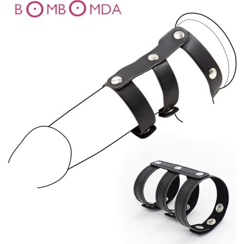 Sex Leather Cock Ring Scrotum Bound Ball Stretcher Penis Ring Dildo Bondage Restraints Sex Toy For Men Male Chastity Cage Device